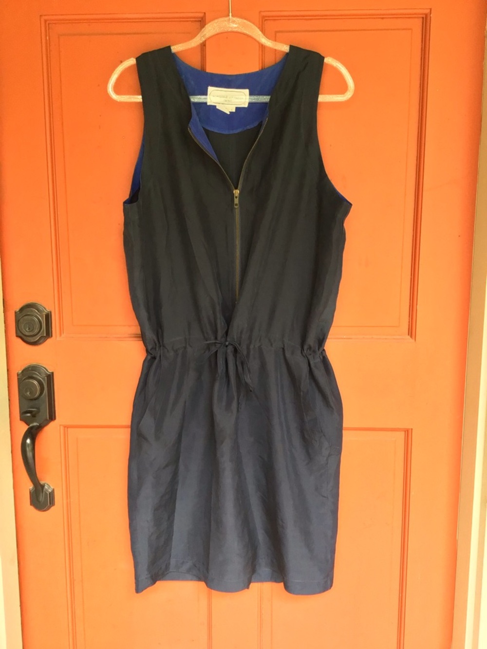 Vintage Adrienne Vittadini Sport 100% Navy Sleeveless Drawstring Zip-Front Dress